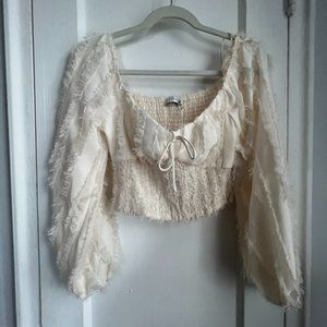 Lush Cropped Off White Long Sleeve Blouse